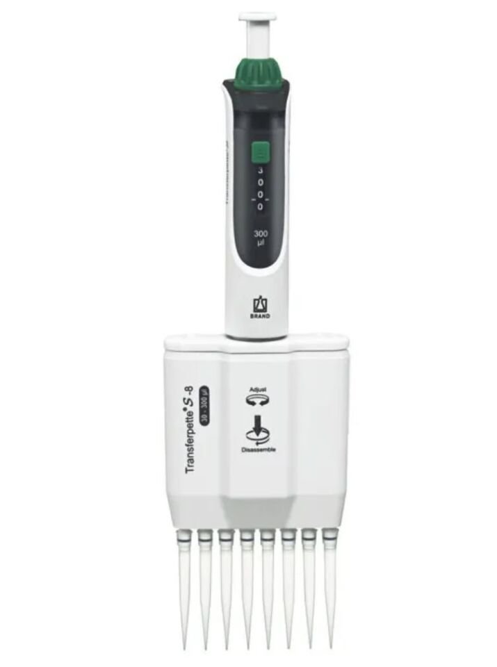 Brand Transferpette S-8 M8-300 Model 8 Kanallı Ayarlanabilir Mikropipet, 30 - 300 µl (705912)