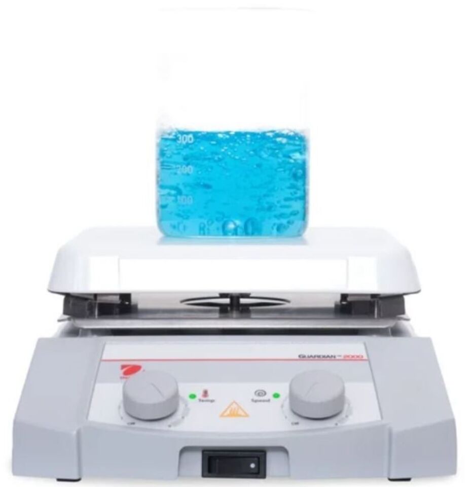 Ohaus Guardian 2000 Serisi e-G21HS04C Model Analog Isıtıcılı Manyetik Karıştırıcı, 200-1600 rpm, 70-500°C, 15L Kapasite, 102 × 102 mm Seramik Plate