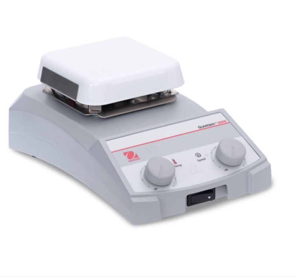 Ohaus Guardian 2000 Serisi e-G21HS04C Model Analog Isıtıcılı Manyetik Karıştırıcı, 200-1600 rpm, 70-500°C, 15L Kapasite, 102 × 102 mm Seramik Plate