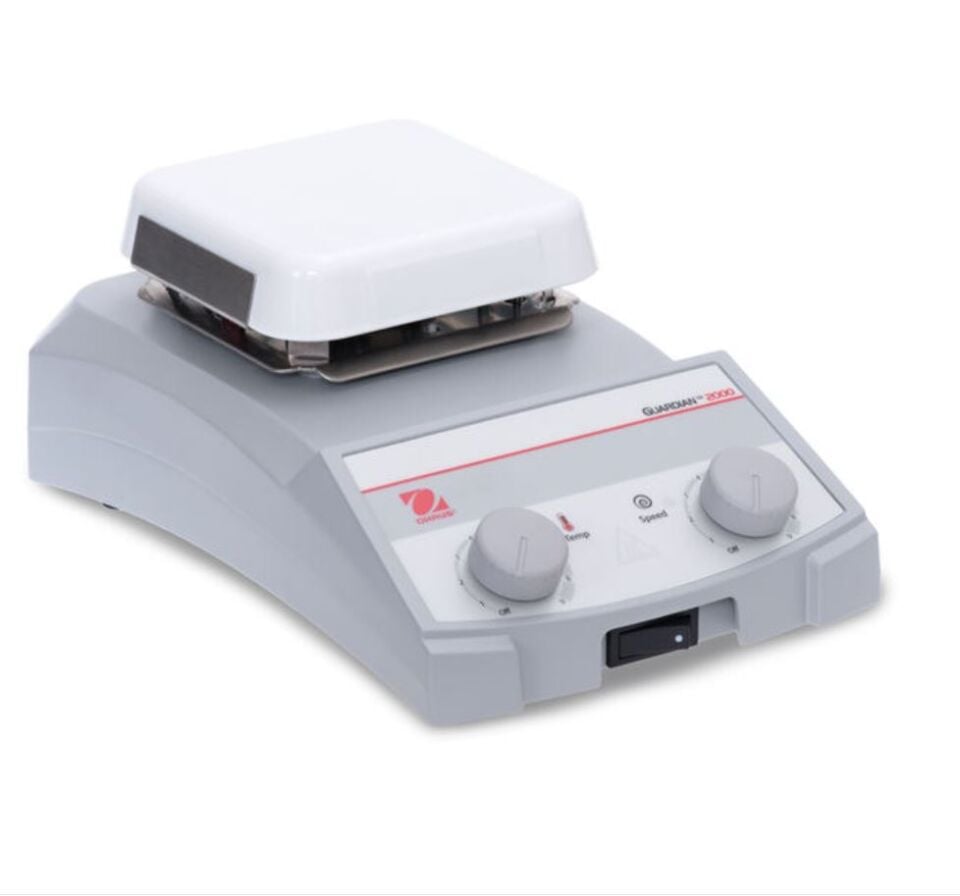Ohaus Guardian 2000 Serisi e-G21HS04C Model Analog Isıtıcılı Manyetik Karıştırıcı, 200-1600 rpm, 70-500°C, 15L Kapasite, 102 × 102 mm Seramik Plate