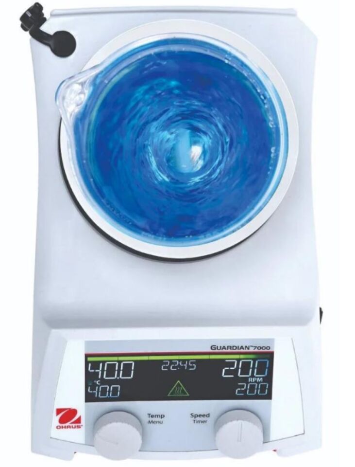 Ohaus Guardian 7000 Serisi e-G71HS10C Model Dijital Isıtıcılı Manyetik Karıştırıcı, 60-1600 rpm, Ortam+5-500°C, 18L Kapasite, 254 x 254 mm Seramik Plate