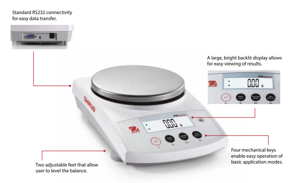 Ohaus PR4202/E Model Hassas Terazi | 4200 g Kapasiteli, 0,01 g Hassasiyetli, Harici Kalibrasyonlu Laboratuvar Terazisi